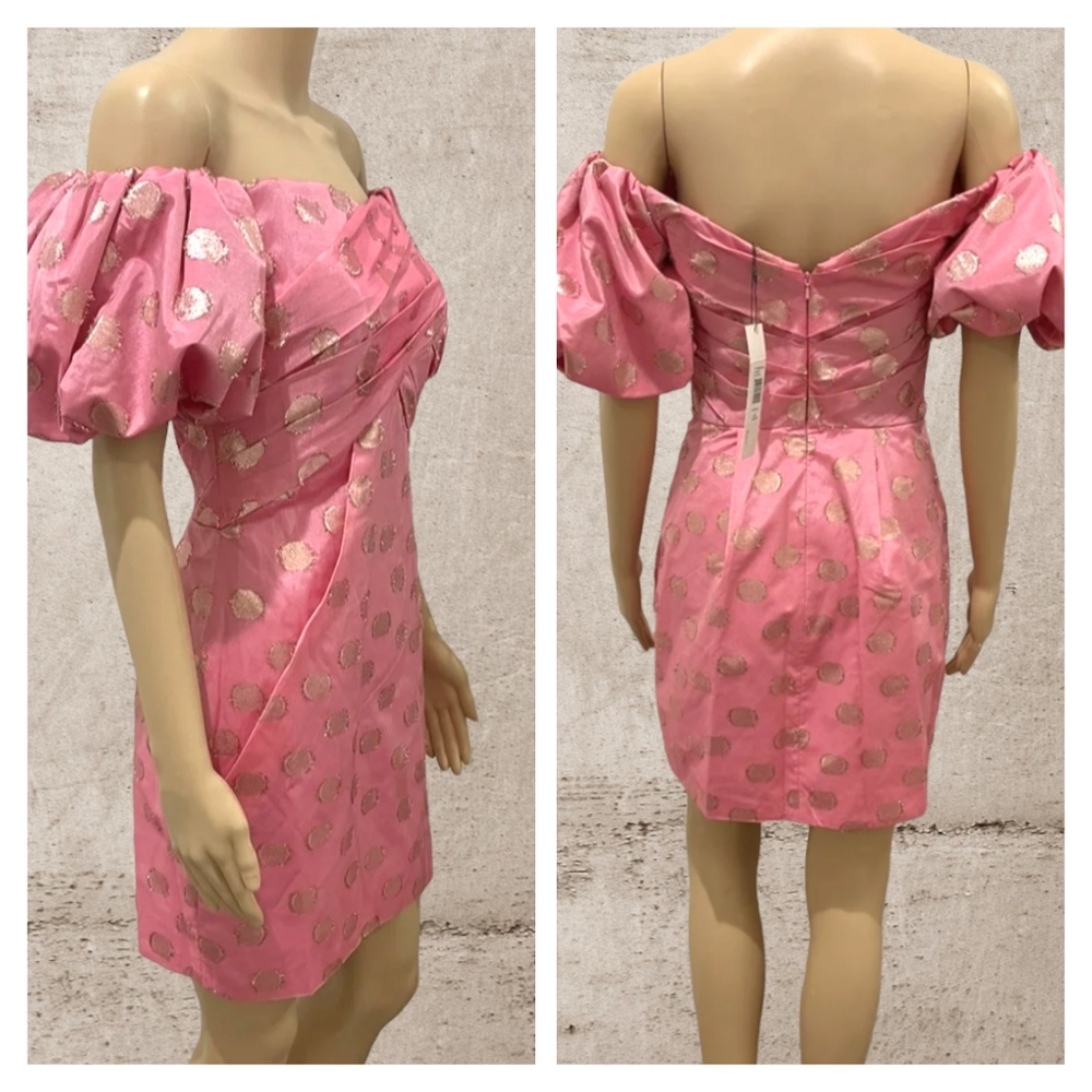 Monique Lhuillier Metallic Polka Dot Puff Sleeve Ruched Cocktail Party Dress XS